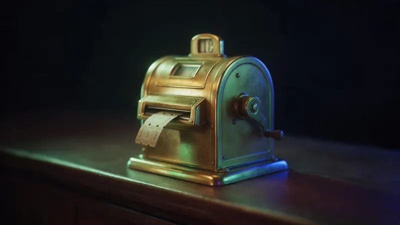 A vintage brass cinema ticket machine on a dark counter with a strip of tickets curling out