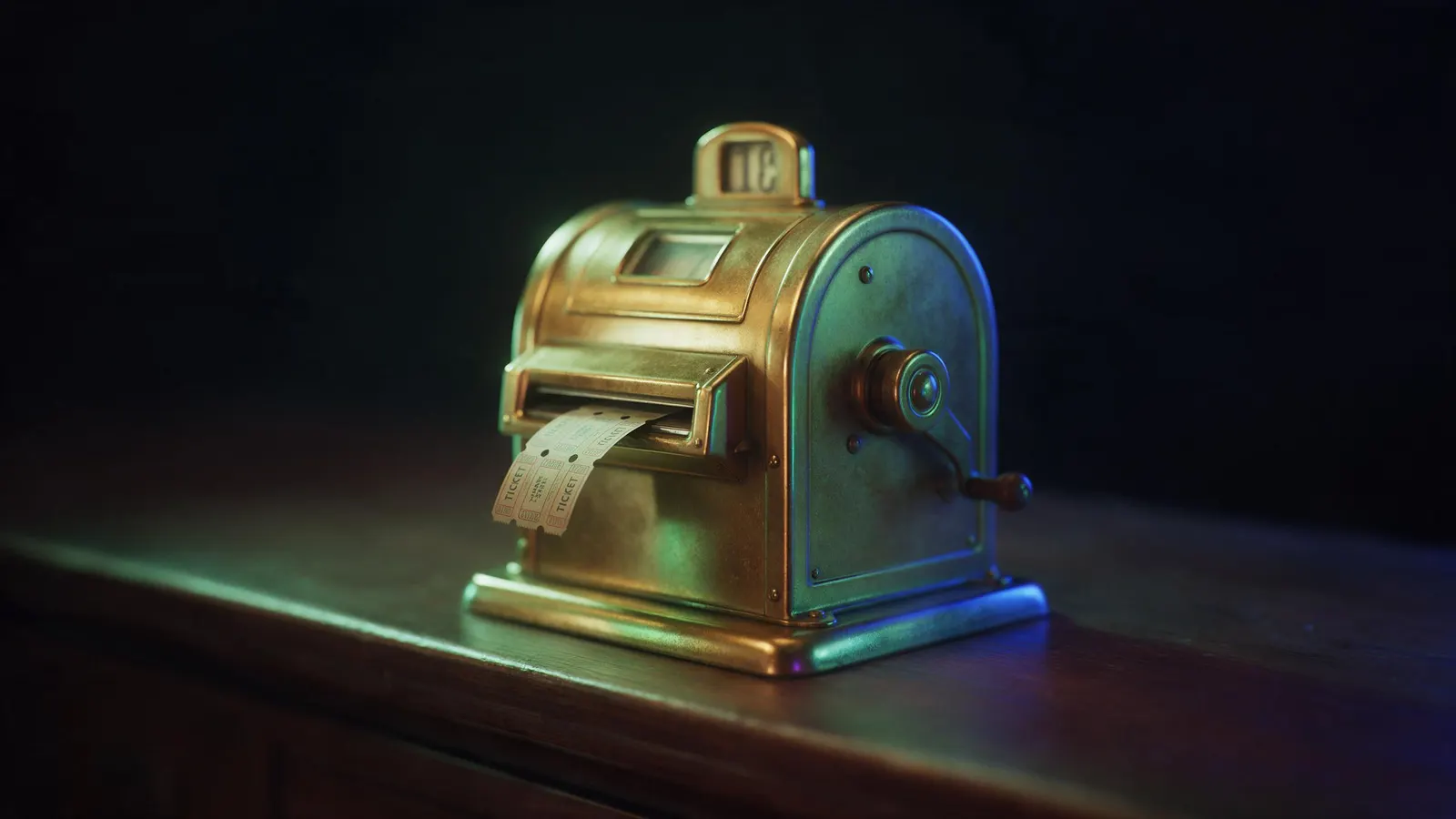 A vintage brass cinema ticket machine on a dark counter with a strip of tickets curling out