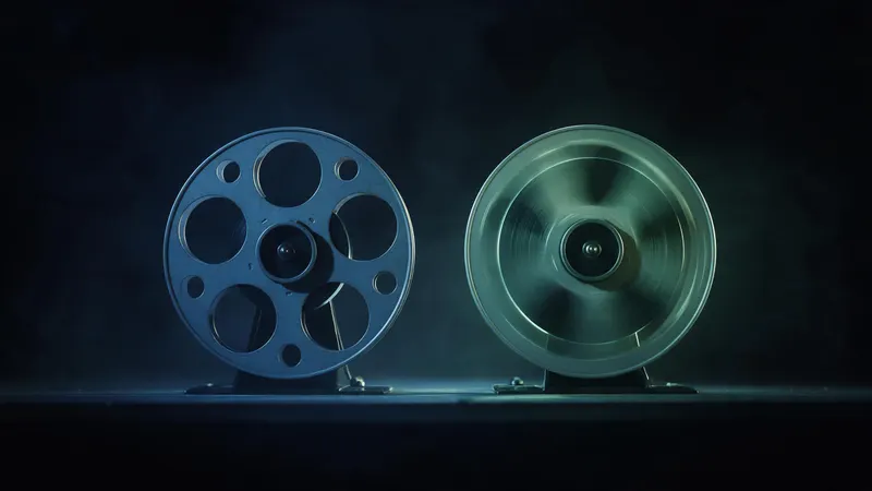 Two film reels side by side on a dark stage, one still in blue light and one spinning fast in green light