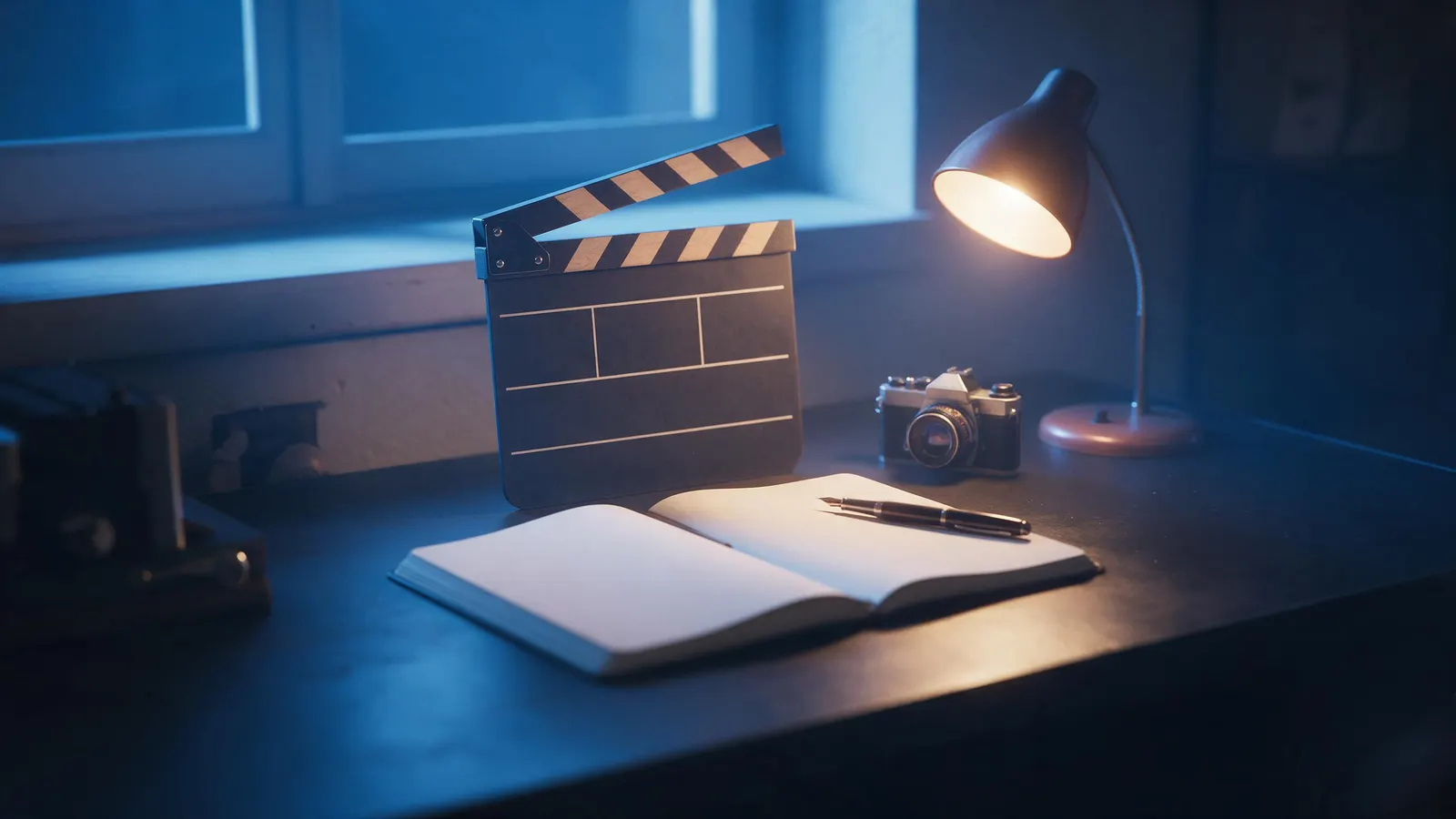 A clapperboard, a blank notebook and a fountain pen beside a small film camera on a dark desk