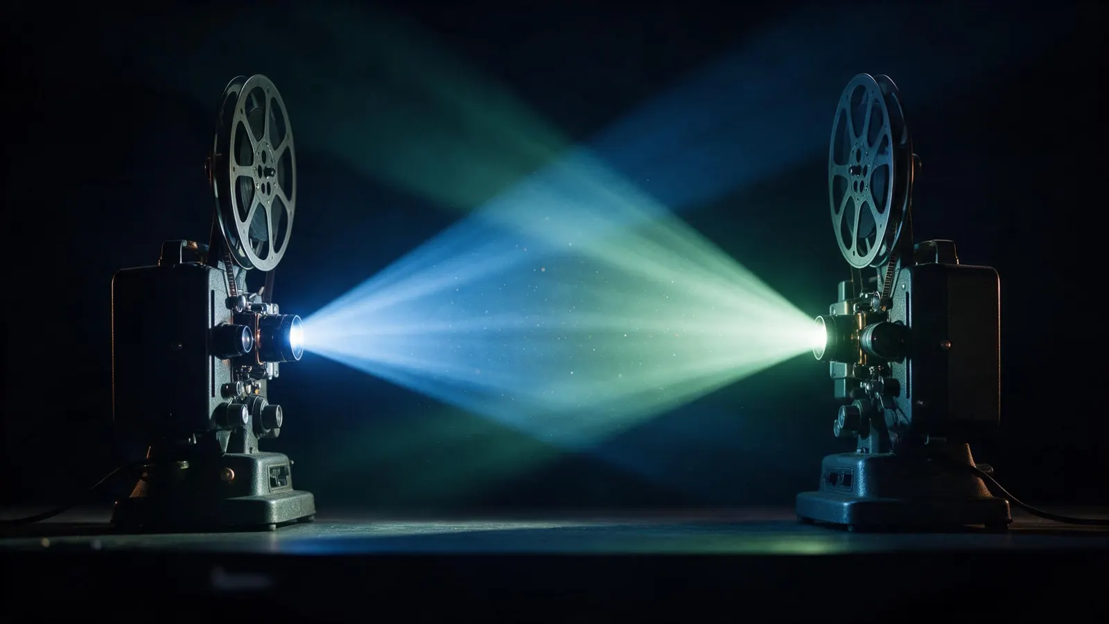 Two film projectors facing each other on a dark stage, one beam blue and one jade green, crossing in the haze