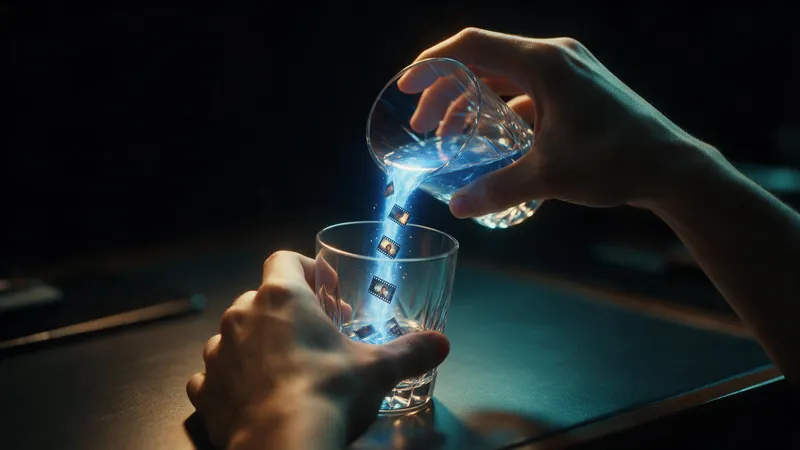 Hands pouring a stream of glowing blue light from one crystal glass into another, with tiny film frames inside the light