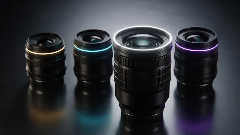Four camera lenses of different sizes in a row, each lit by a different coloured rim light