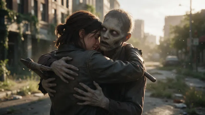 A woman hugs her partner, who has turned into a pale zombie, in a ruined street at golden hour